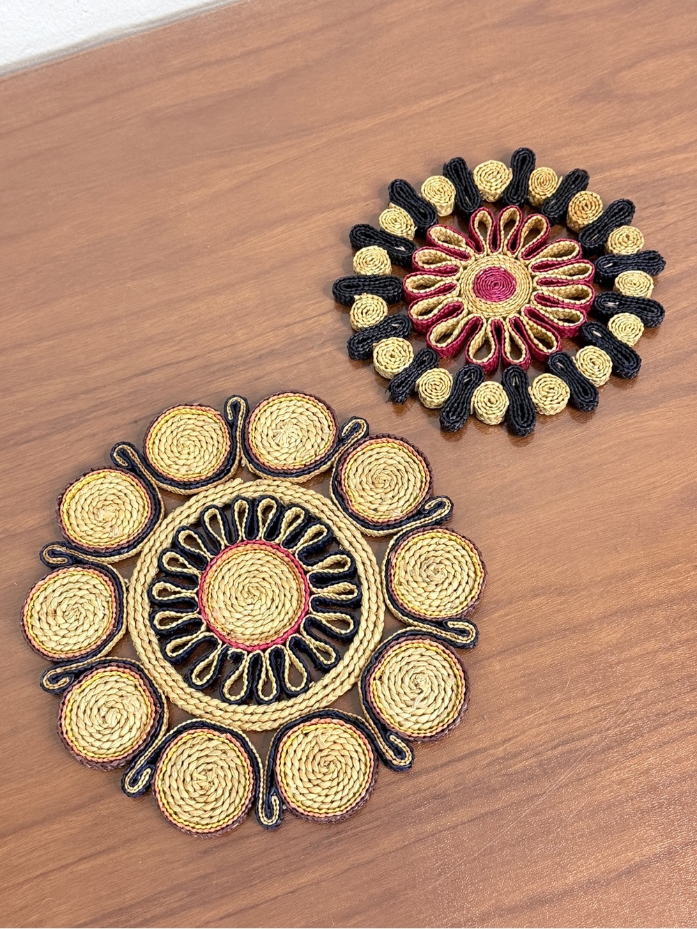 2 Vintage 70s Raffia Colorful Boho Trivets